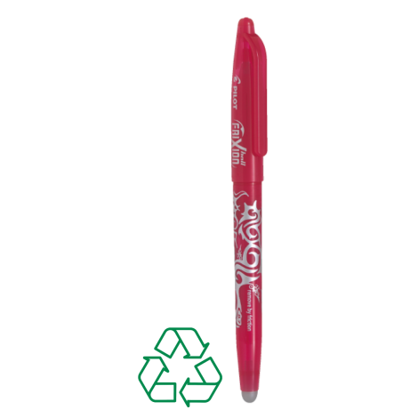 Stylo rose décoré de motifs clairs de face avec capuchon assorti, sans marquage visible.