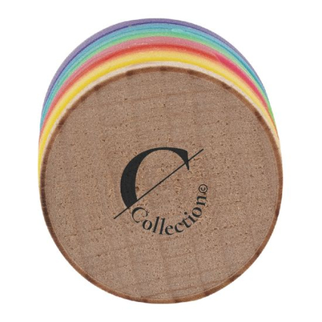 Vue de dessus du bouchon en bois montrant plusieurs anneaux colorés superposés. Avec marquage visible sur la partie supérieure.