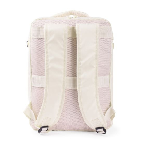 Vue arrière du sac à dos beige montrant les bretelles ajustables et le panneau dorsal matelassé. Sans marquage visible.