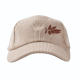 Casquette beige en velours côtelé à six panneaux, avec visière incurvée. Avec marquage visible sur la partie avant.