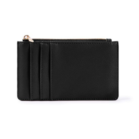 Vue arrière du porte-monnaie noir en PU posé à plat, montrant la fermeture zippée et les rangements internes, non personnalisé.