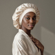 Bonnet en satin beige porté par une femme, illustrant la coupe ample et le maintien du modèle, sans personnalisation apparente.
