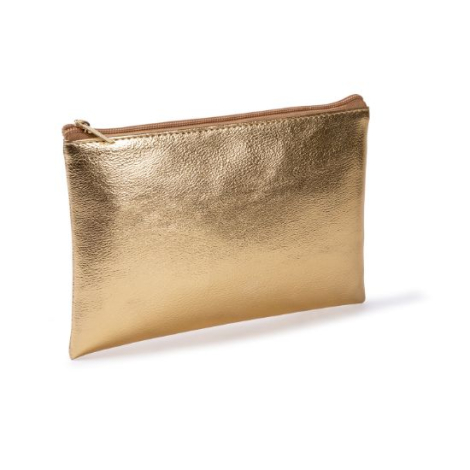 Trousse dorée en PU vue de trois quarts, montrant la finition lisse et la fermeture zippée assortie, non personnalisée.