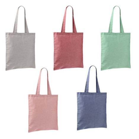 Ensemble de cinq sacs tote-bag colorés — gris, rouge, vert, rose et bleu — en coton polyester, présentés sans personnalisation.