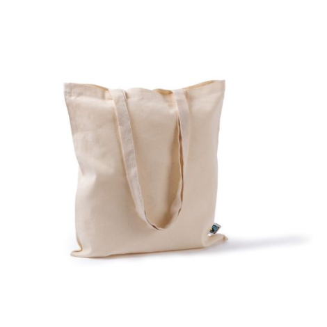 Vue arrière du tote bag Fairtrade en coton naturel avec étiquette latérale visible, non personnalisé.
