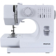 Machine à coudre Prixton blanche présentée de face, montrant la zone d’aiguille, le plateau de couture, la molette de sélection 