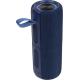 Haut-parleur cylindrique bleu foncé avec texture tissée, sangle textile latérale et panneau de commandes intégrées sur le dessus Haut-parleur cylindrique bleu foncé avec texture tissée, sangle textile latérale et panneau de commandes intégrées sur le dessus