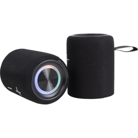 Deux haut-parleurs Aloha Max séparés, disposés côte à côte, chacun cylindrique et recouvert de tissu, avec de grands symboles « 