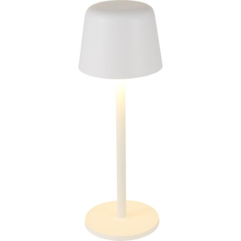Lampe blanche allumée, vue de face, montrant la diffusion d’une lumière chaude depuis l’abat-jour cylindrique et le fût central.