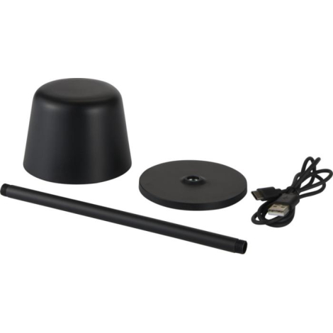 Vue détaillée des éléments d’une lampe noire démontée, comprenant l’abat-jour, la tige centrale, la base circulaire et le câble 