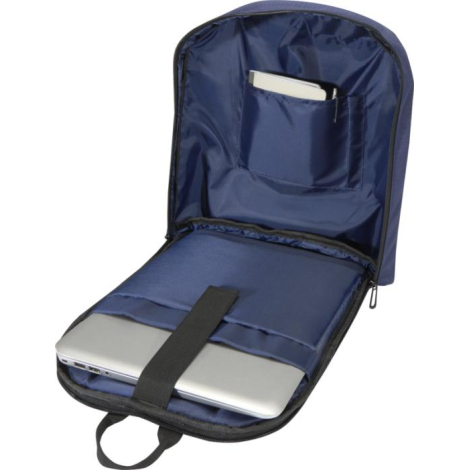 Intérieur du sac à dos entièrement ouvert, révélant une doublure RPET, un compartiment rembourré pour ordinateur avec sangle de 