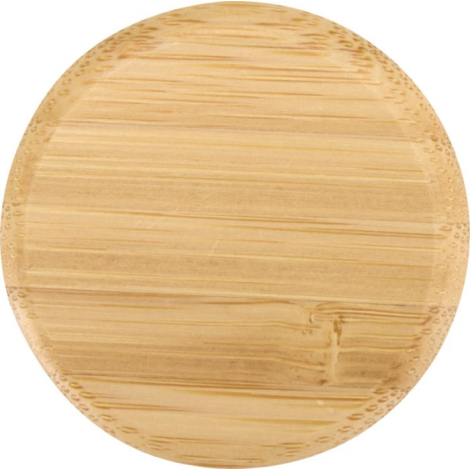 Gros plan sur le dessus du couvercle en bambou, sans marquage apparent.