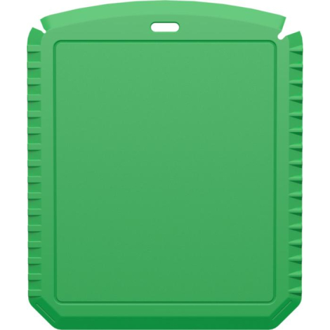 Grattoir vert montré de face avec surface plane encadrée, ouverture ovale en partie haute et absence de marquage apparent ; visu