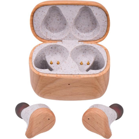 Boîtier ouvert vu de face, écouteurs placés au premier plan, marquage clairement visible sur l’avant ; visuel centré sur fond ne