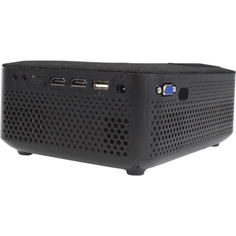 Vue arrière du projecteur montrant les connectiques, surface perforée et absence de personnalisation visible ; visuel centré sur