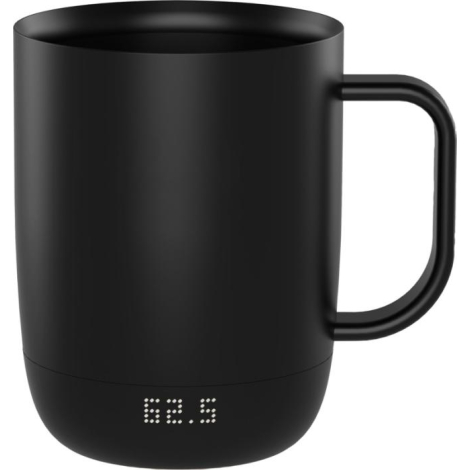 Mug noir vu de face, anse à droite et écran LED intégré à la base, sans marquage apparent ; visuel centré sur fond neutre.