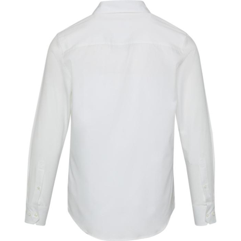 Chemise en sergé blanche présentée de dos, coupe longue et manches boutonnées mises en évidence, sans marquage visible ; visuel 