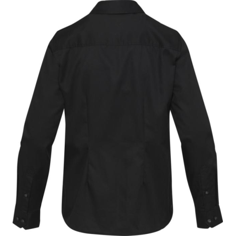 Chemisier en sergé noir pour femme présenté de dos, coupe cintrée et bas arrondis visibles, sans marquage apparent ; visuel isol