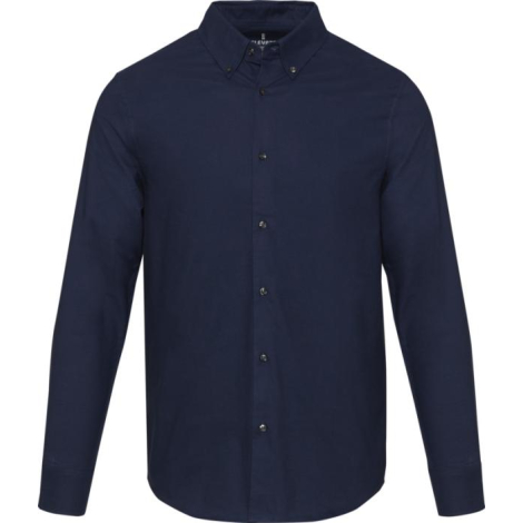 Chemise oxford bleu marine présentée de face, col boutonné et manches longues, sans personnalisation apparente ; visuel centré s