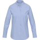 Chemise oxford bleu clair pour femme présentée de face, col boutonné et manches longues, sans personnalisation apparente ; visue