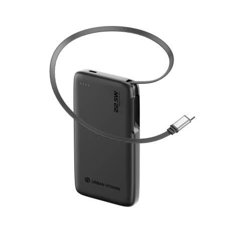 Powerbank Emeryville présenté avec câble USB-C de 70 cm totalement déployé, mettant en évidence sa praticité ; recto visible ave