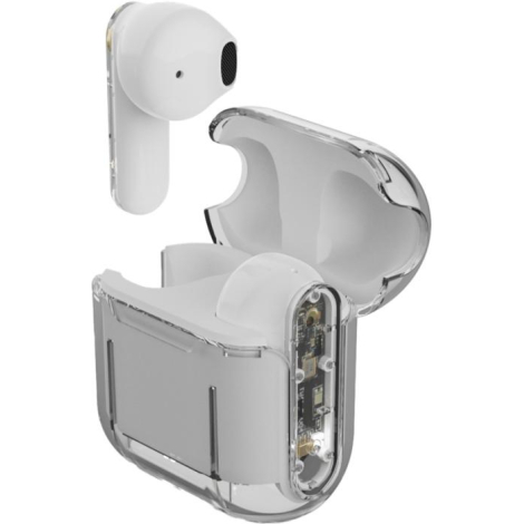 Écouteur blanc retiré de son boîtier transparent, montré en léger angle pour révéler sa forme ergonomique et son design épuré.