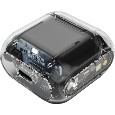 Boîtier de charge transparent vu de dessous, mettant en évidence le port de chargement et les composants internes visibles à tra