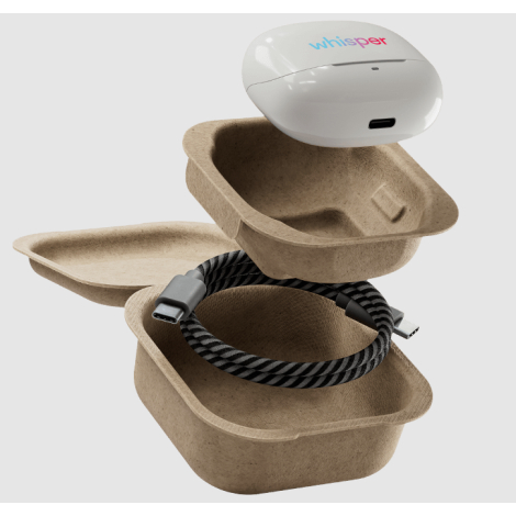 Vue éclatée de l’emballage en papier moulé ouvert, présentant le boîtier blanc positionné au-dessus et un câble tressé rangé dan