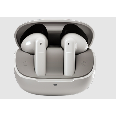 Vue de face du boîtier ouvert contenant les deux écouteurs blancs insérés dans leurs emplacements respectifs, sans personnalisat