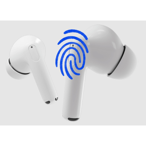 Vue rapprochée de deux écouteurs blancs flottants, présentant les surfaces tactiles et les embouts en silicone, sans personnalis