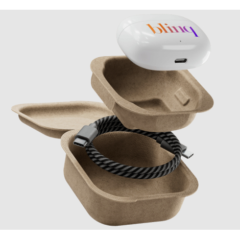 Vue éclatée de l’emballage en papier moulé ouvert, avec le boîtier blanc positionné au-dessus et un câble tressé rangé dans le c