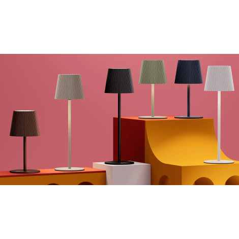 Vue d’ensemble de six lampes de couleurs différentes disposées sur des formes géométriques, sans personnalisation visible sur ce