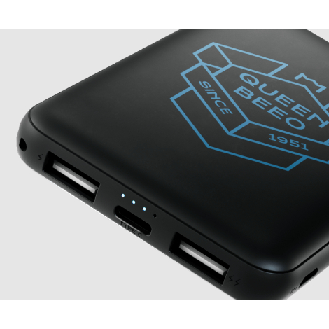 Vue rapprochée d’une batterie externe noire montrant les ports, les voyants lumineux et un marquage sur la face arrière.