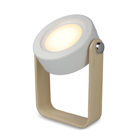 Lampe LED compacte blanche avec corps extensible translucide et poignée arquée en bambou naturel.