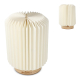 Lampe LED en papier pliable 22 cm avec socle circulaire bois clair, personnalisation visible sur la base.