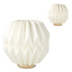 Lampe LED pliable 25 cm en papier origami sur socle bois clair, marquage visible sur la base.