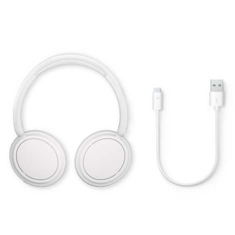 Casque Philips TAH5209 blanc à plat avec câble de recharge USB-C présenté à côté.