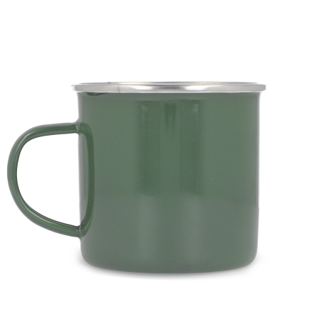 Tasse en émail verte avec anse, vue de profil.