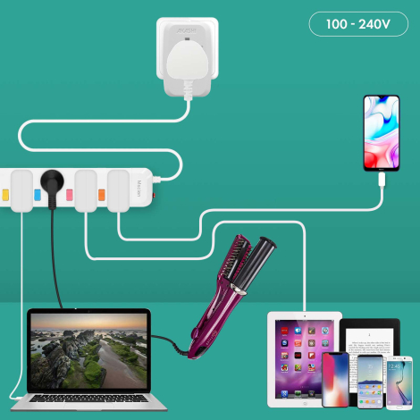 Adaptateur universel blanc alimentant plusieurs appareils via multiprise