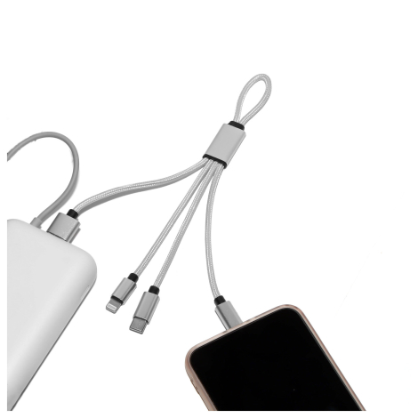 Câble argenté connecté à batterie externe et smartphone avec quatre connecteurs visibles