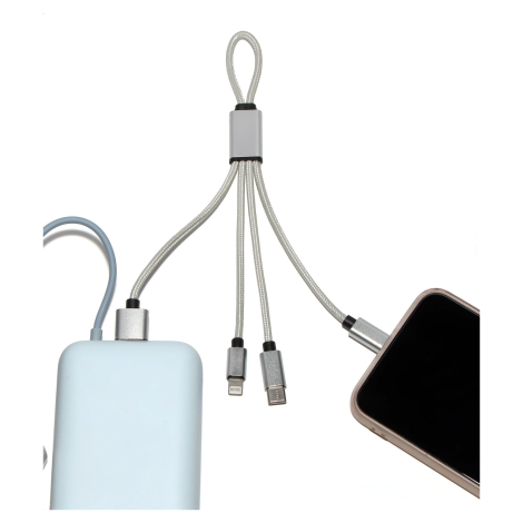 Câble argenté branché à batterie externe et smartphone avec connecteurs visibles