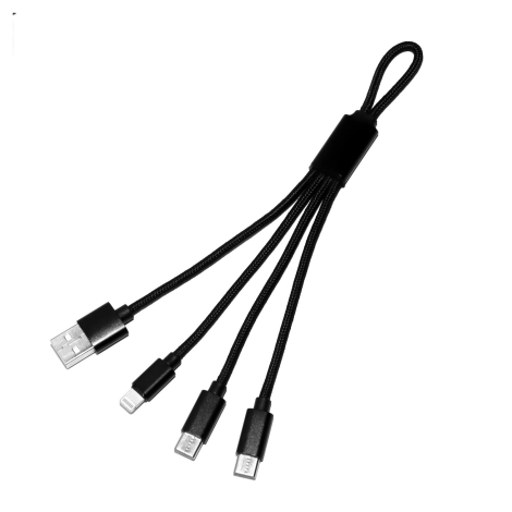 Câble noir tressé de face avec quatre connecteurs en éventail et boucle