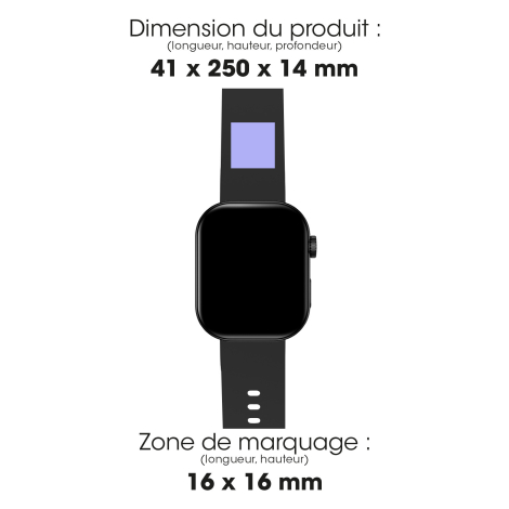 Vue de face de la montre indiquant ses dimensions de 41 × 250 × 14 mm et une zone de marquage de 16 × 16 mm située sur le bracel