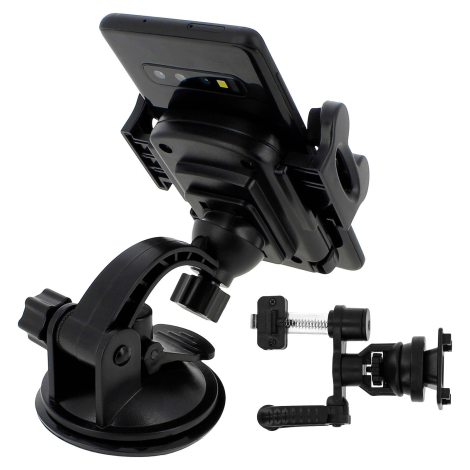 Support noir monté avec ventouse montrant les deux systèmes de fixation