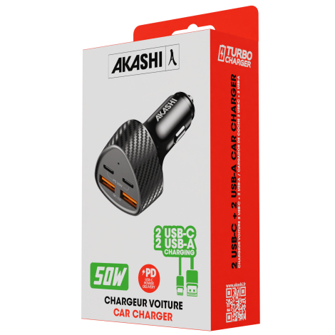 Chargeur allume-cigare présenté en boîte cartonnée imprimée vu en trois quarts