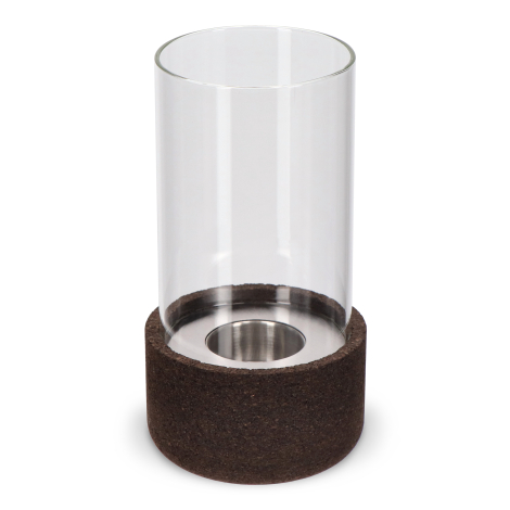 Lanterne en verre et liège présentée vide, vue de face, sans marquage visible.