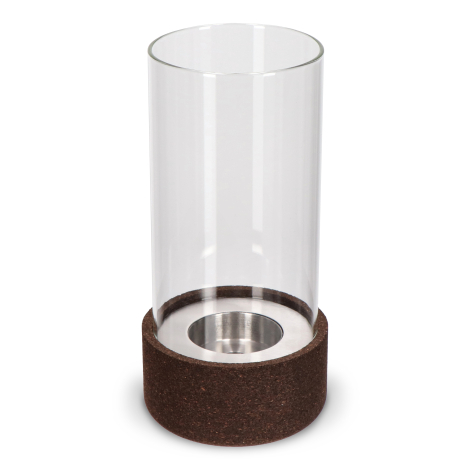 Photophore en verre et liège présenté vide, vue de face, avec ouverture large et support métallique au fond, sans marquage visib