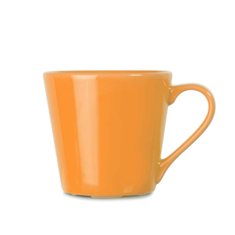 Mug en grès orange présenté de face avec anse latérale, sans marquage visible.