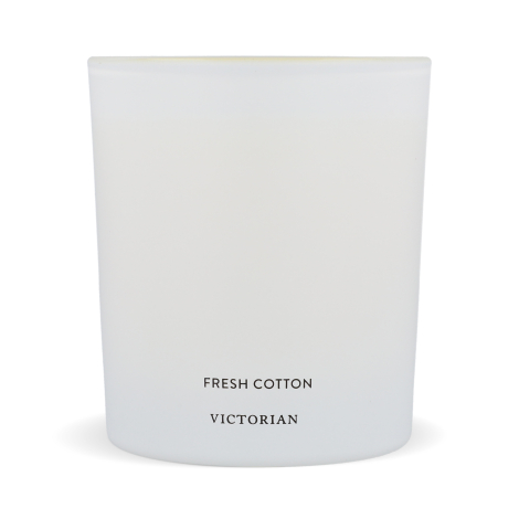 Bougie en verre dépoli blanc présentée de face avec texte imprimé en bas et marquage visible.