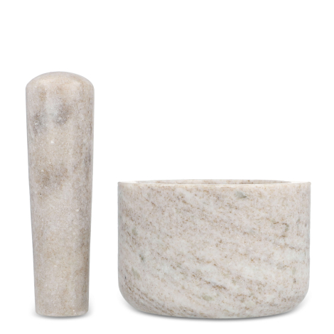 Mortier et pilon en travertin alignés côte à côte, présentés séparément et sans marquage visible.